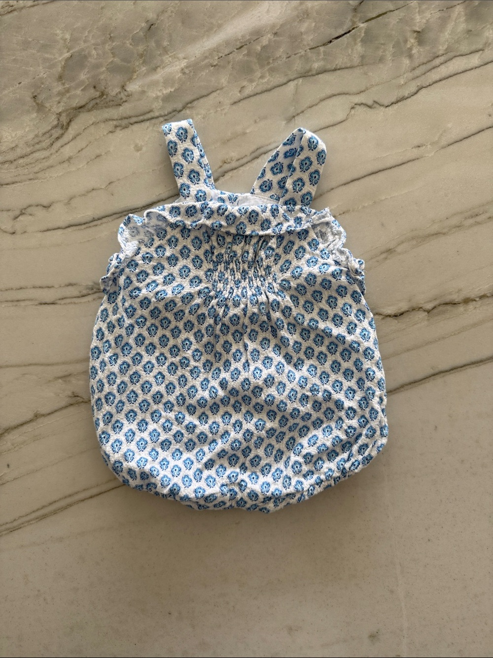 Zara Smocked White and Blue Floral Bubble